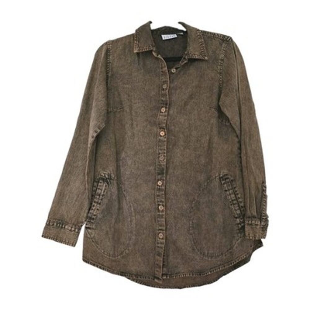 Vintage Acid Wash Denim Button Up Top Women XS Oversize Brown Boho Grunge Pocket